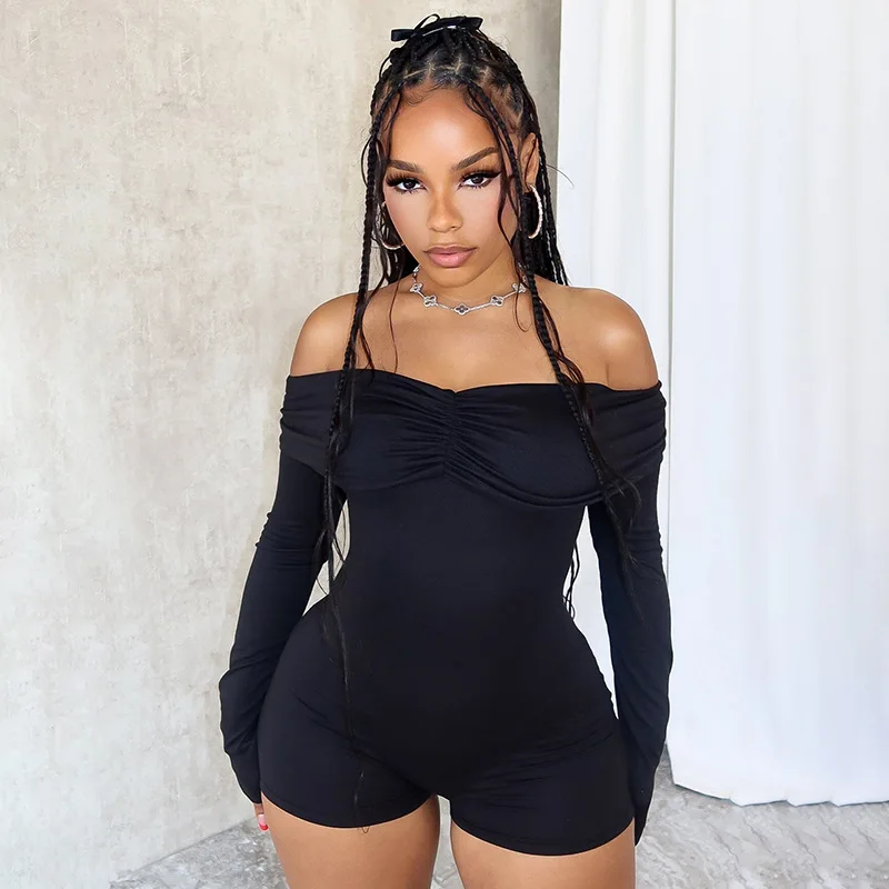 

2024 Summer Elegant Strapless Pleated Skinny Rompers Women Slash Neck Long Sleeve Backless Casual Hipster Streetwear Playsuits