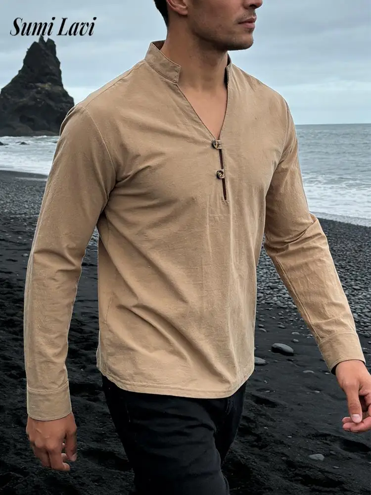 

Daily Leisure Loose Long Sleeve Shirt Tops Men 2026 Spring Autumn Vintage Buttoned Stand Collar Pullover Shirts Mens Linen Shirt