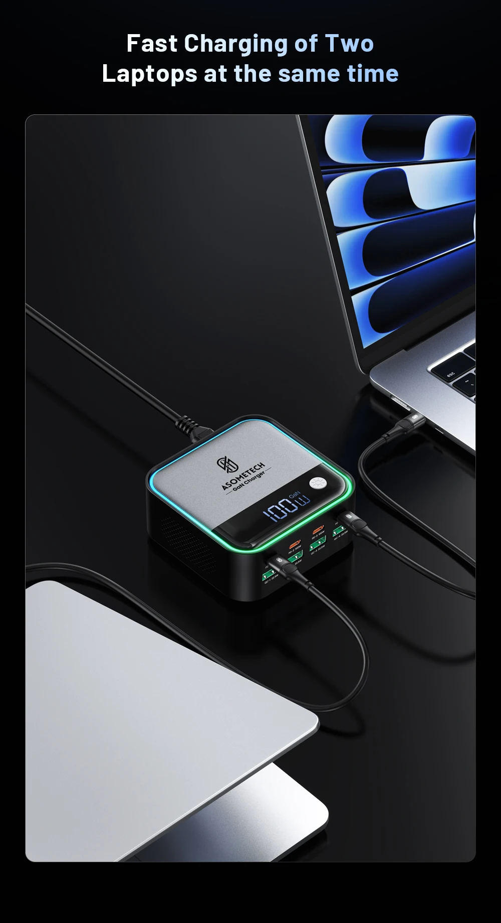 GaN USB C Charger 8 Port Mini Desktop Charger Ambient Lighting Display 4 X 100W PD PPS Fast Charger For Laptop iPhone 15 Samsung