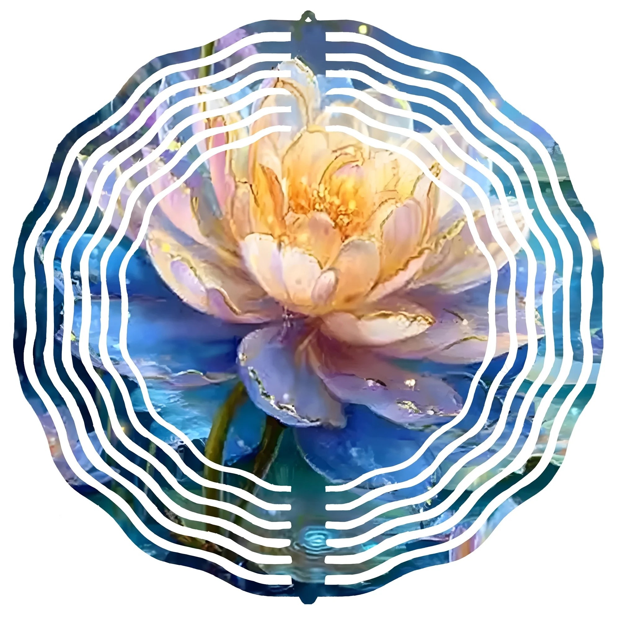 Carillon éolien en métal à motif de lotus aquarelle rêveuse, créant une atmosphère tranquille et mystérieuse, très adapté à la décoration des jardins
