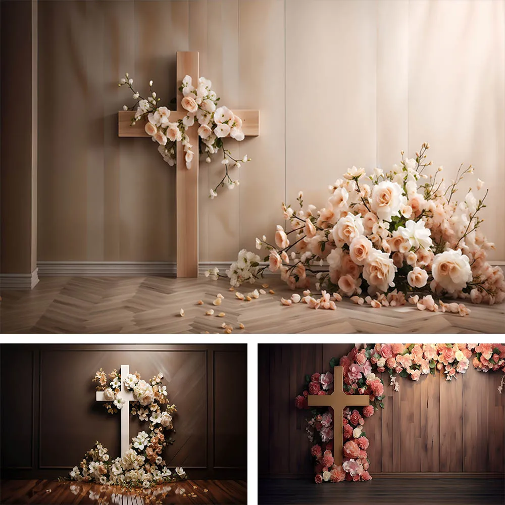 Mehofond Mi Primera Comunión Photography Backdrop Wood Cross Flower Kids Background God Bless Newborn Christening Photocall Prop