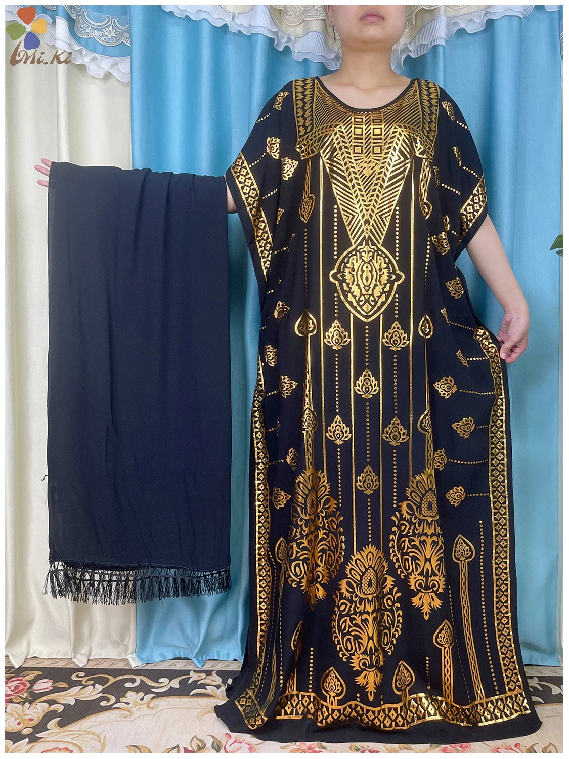 High Quality New African Abaya Women Summer Oversized Scarf Dress Gold Stamping Loose Robe Maxi Islamic Women Cotton Clothing