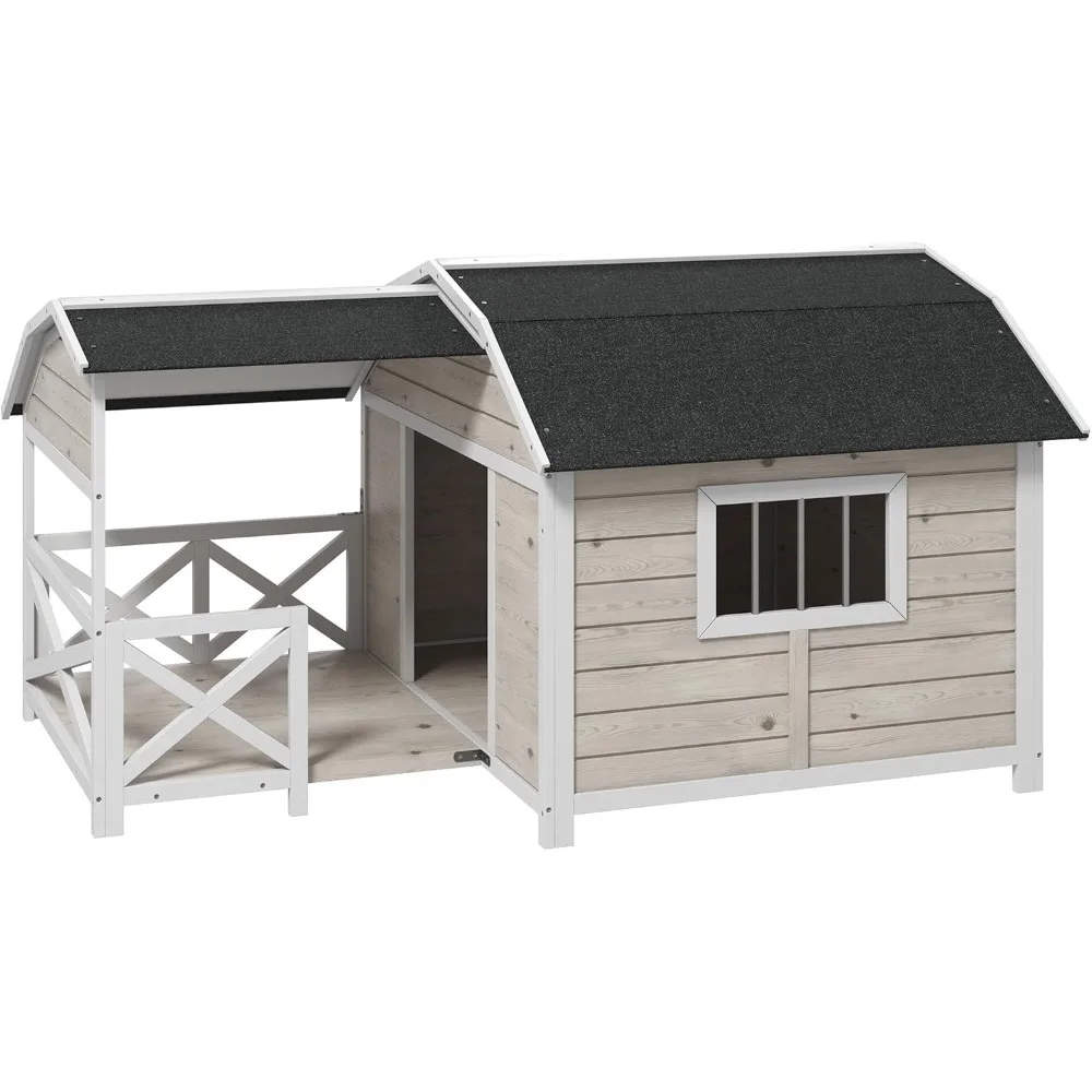 Wooden Dog House Outdoor with Porch, Raised Pet Kennel for Medium Large Dogs, with Asphalt Roof, Front Door, Side Windows, Gray