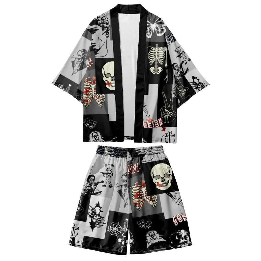 

Kimono Shorts Sets Yukata Japanese Cosplay Skeleton Print Cardigan Summer Harajuku Casual Shirt Women Men Haori Two-Piece Suit