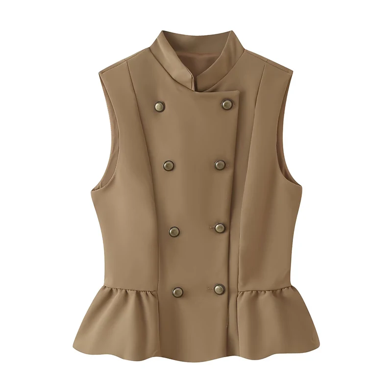 YENKYE Women Double Breasted Vest Stand Collar Sleeveless Ruffle Hem Peplum Slim Casual Elegant Waistcoat