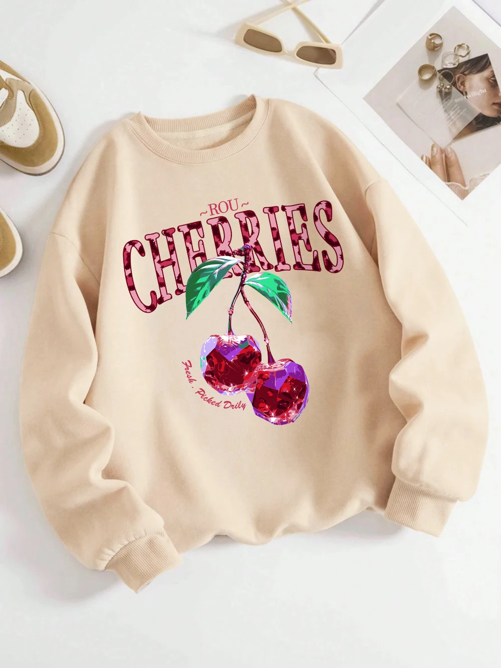 Crystal Cherries Sweatshirts Women'S Fruits Prints Hoodies Loose Fleece Warm Crewneck Clothes Autumn Comfortable Womans Pullover