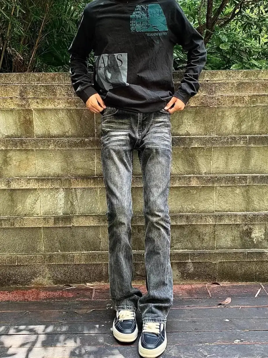 

Cleanfit Men's aduated Color Waed Denim Jeans Bell Bot Slimming Straight American Vibe Long Pants Youth Faion