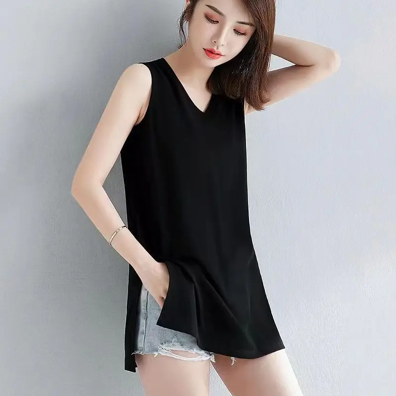 

Women V Neck Sleeveless Loose Fit Long Top Casual Summer Wear Asymmetrical Hem Design