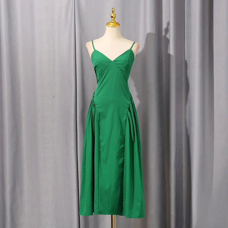 Fashionable And Elegant Women's Dress 2026 Summer New Simple Style Solid Color Pleated Slim-fit Design Strap Long Dress Luxury