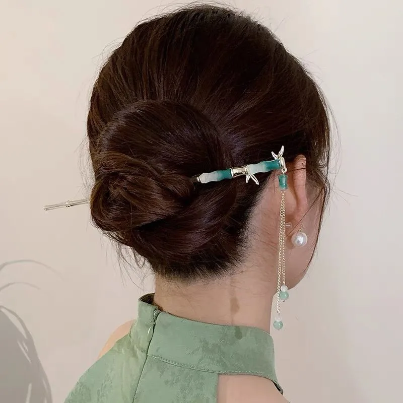 1pc Elegant Chinese Style Green Hairpin Tassel  Stick Traditional Floral Design Hairstyle Accessory Women Sweet Hanfu Hairneedle