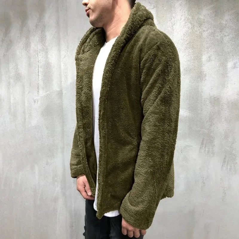 Abrigo de peluche de lana para hombre, chaquetas de Otoño Invierno, cárdigan de Color sólido, Tops informales, chaquetas de piel, sudaderas con