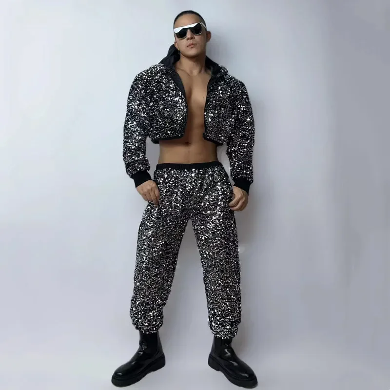 

Nightclub Bar Male Women Gogo Singer Dancer Stage Performance Clothes Sequins Hooded Jacket Pants 2 Piece Hip Hop Dance Costume