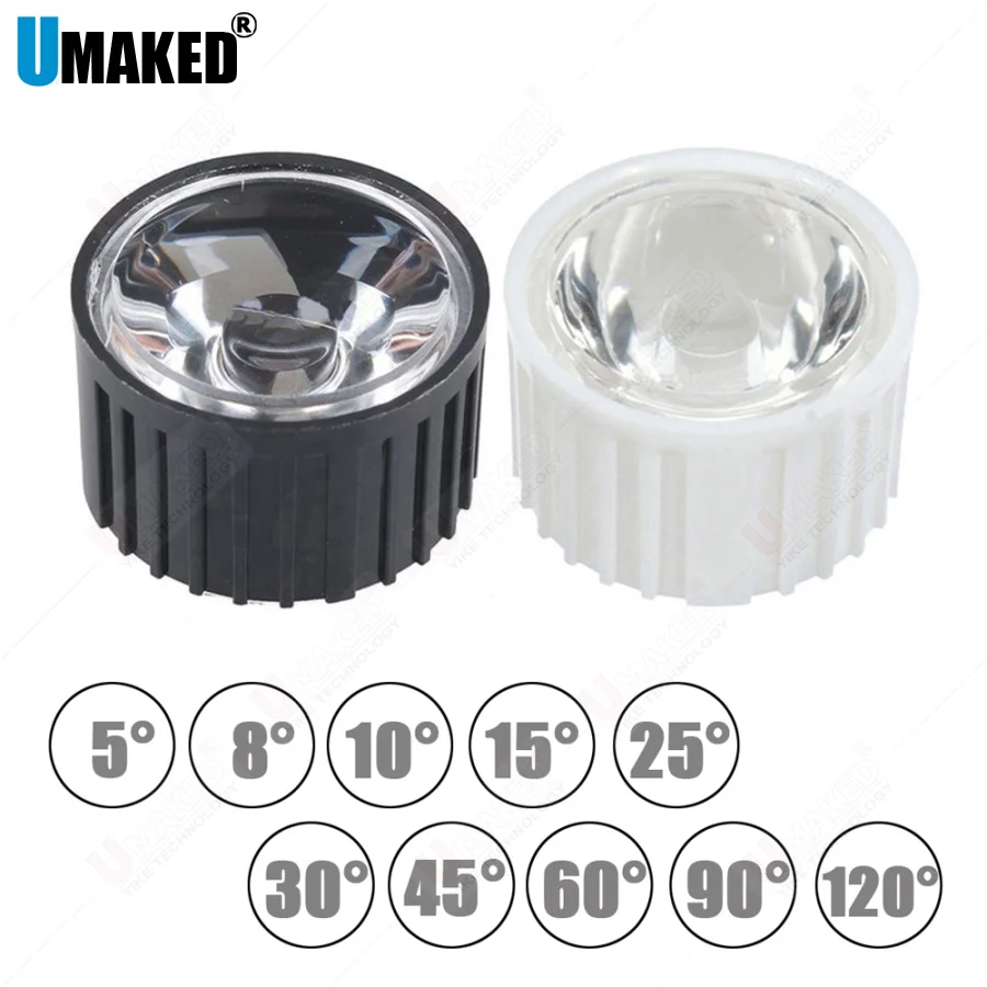 

20sets 20mm 5 8 15 30 45 60 90 120 Degree Clear LED Lens + 22mm Black White Holder For 1W 3W 5W LED Light Diodes