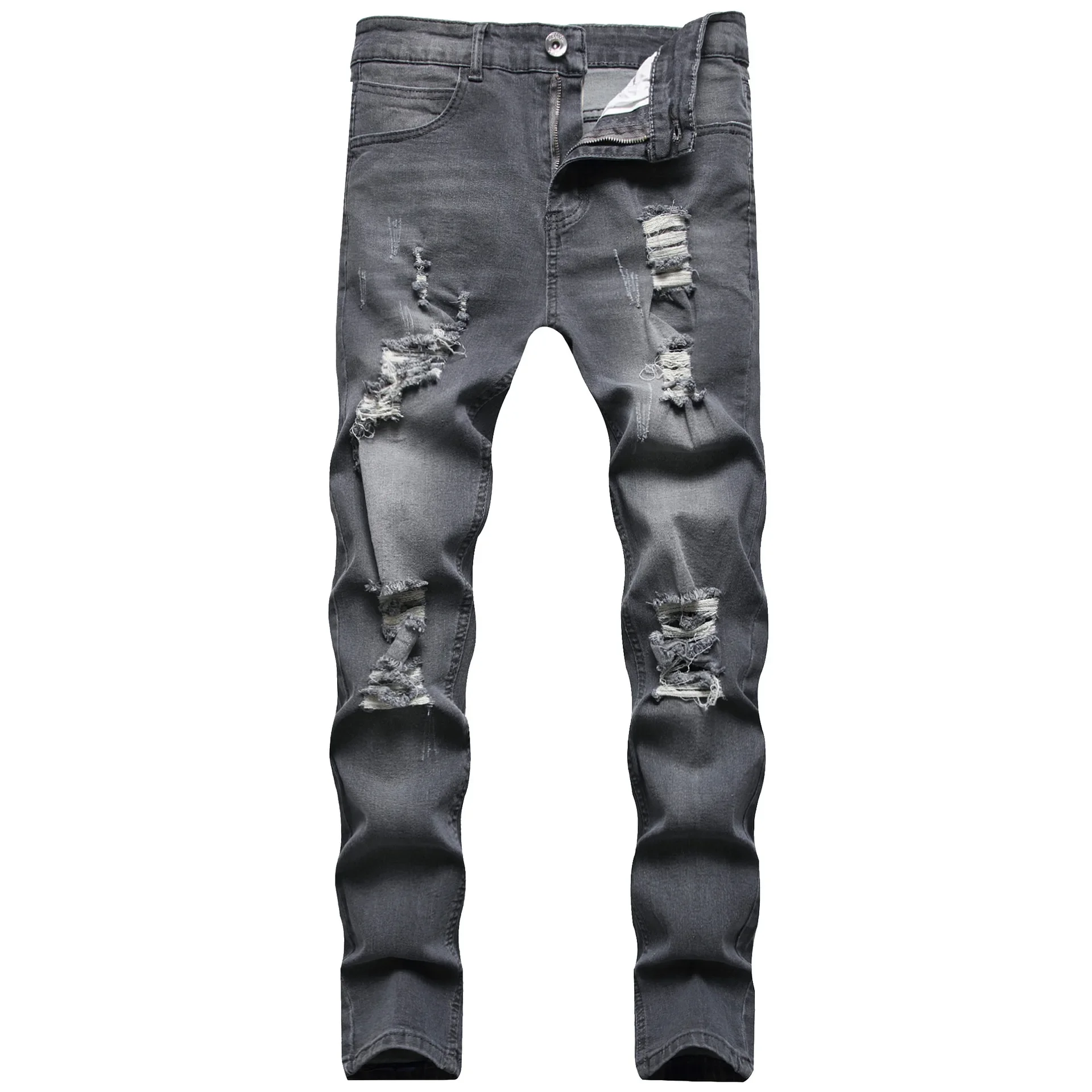 

Men Jeans Hole Distressed Pencil Pants Slim Fit Vintage Zipper Fly Pockets Solid Colour Washed Denims Ankle Length Trousers 2025