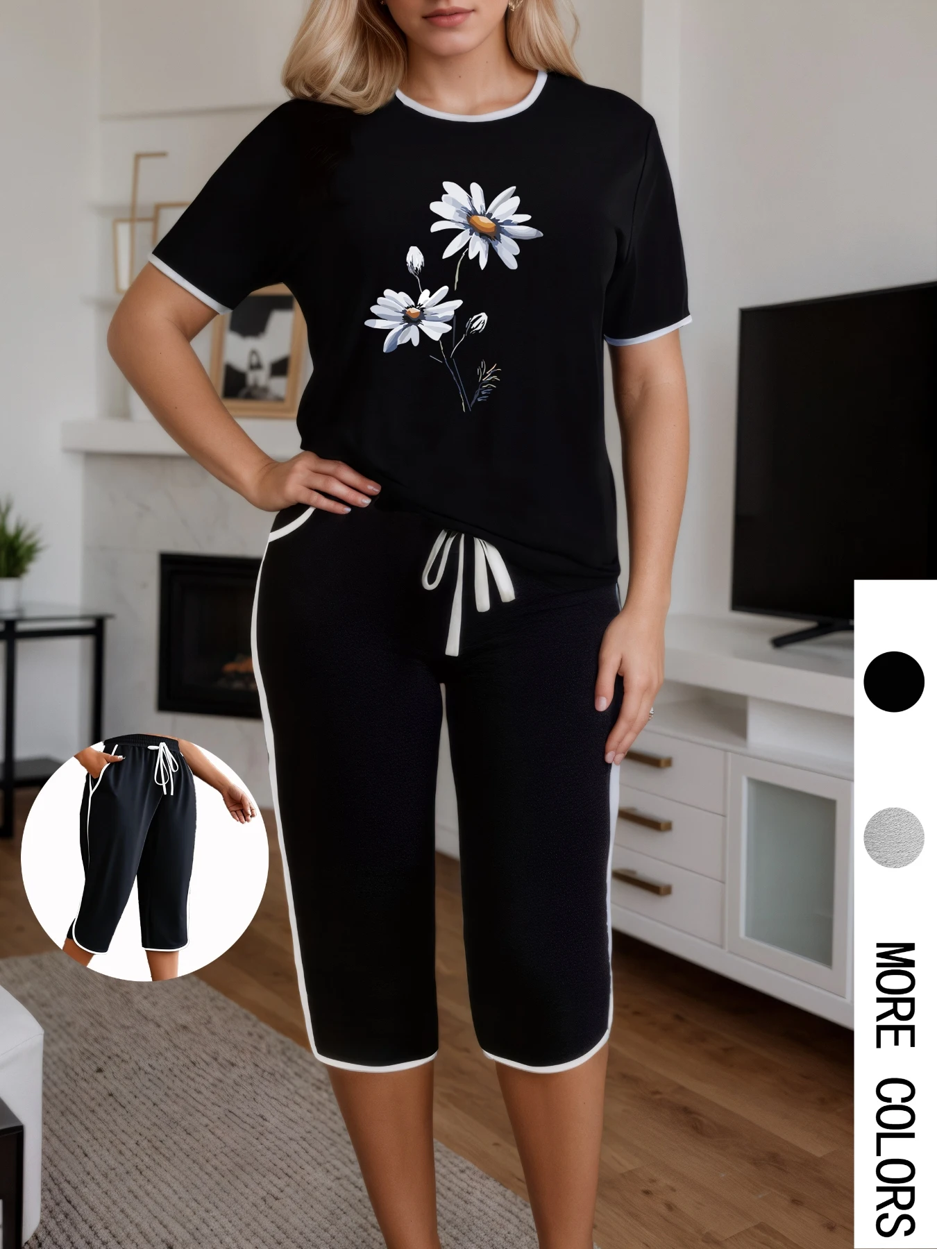 

Plus Size Women Two Piece Set Flower Print Short Sleeve T-shirt Capri Pants Summer Suits Oversize Chic 2 Piece Outfits