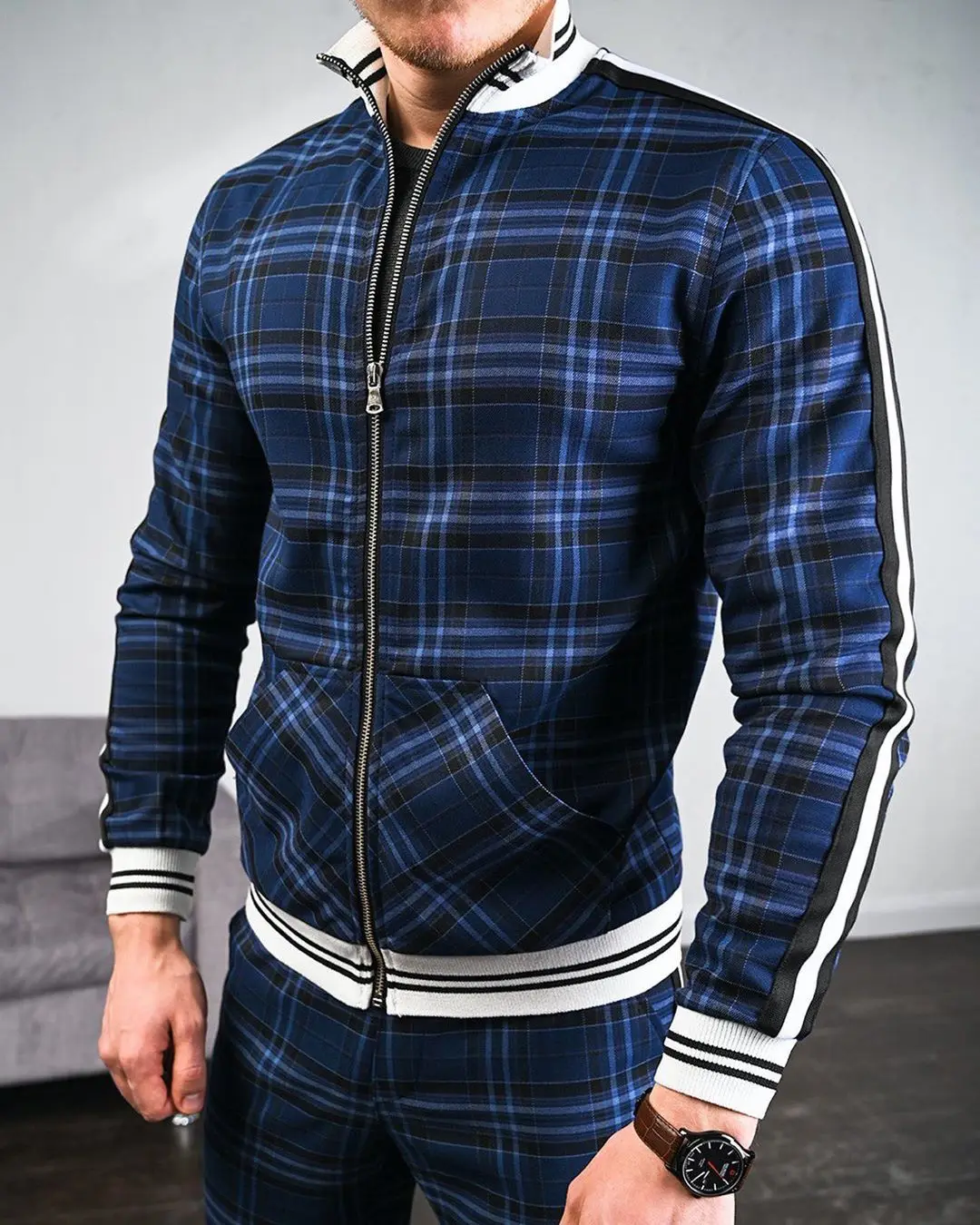 2023 New Men's Tracksuit Sets Fashion 3D Plaid Print Trendy Brand Casual Sportswear Spring Autumn Jacket + Pants 2 Piece Set Man