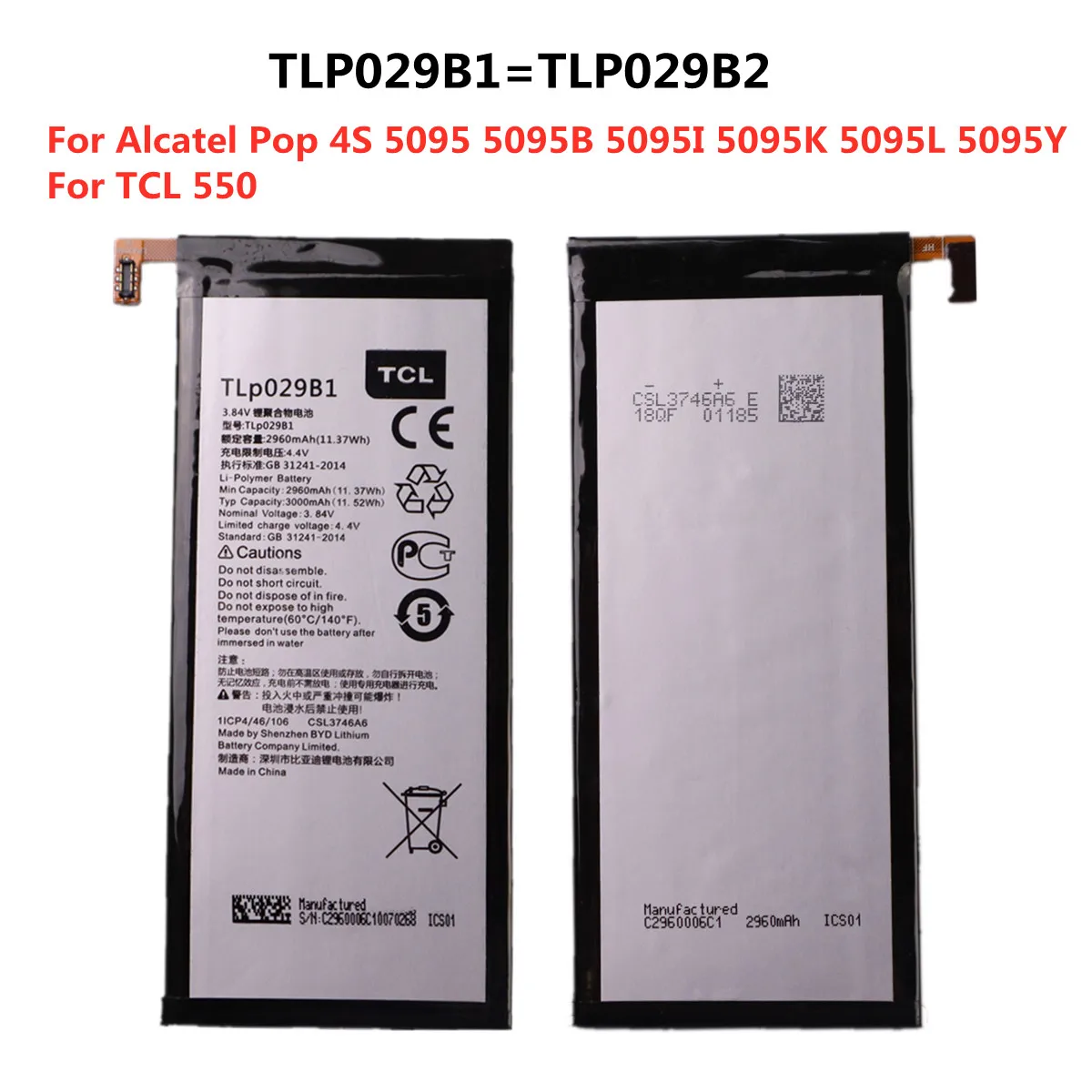 

100% Original TLp029B1 TLp029B2 Battery For Alcatel OT-5095/5095B/5095I,OT-5095K/L/Y,Touch Pop 4S TCL 550 Mobile Phone Batteries