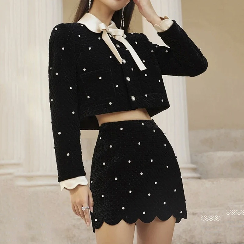 Autumn Velvet Two Piece Skirt Set Small Fragrant Black Jacket Hot Diamond Top Half Skirt Two Piece Set