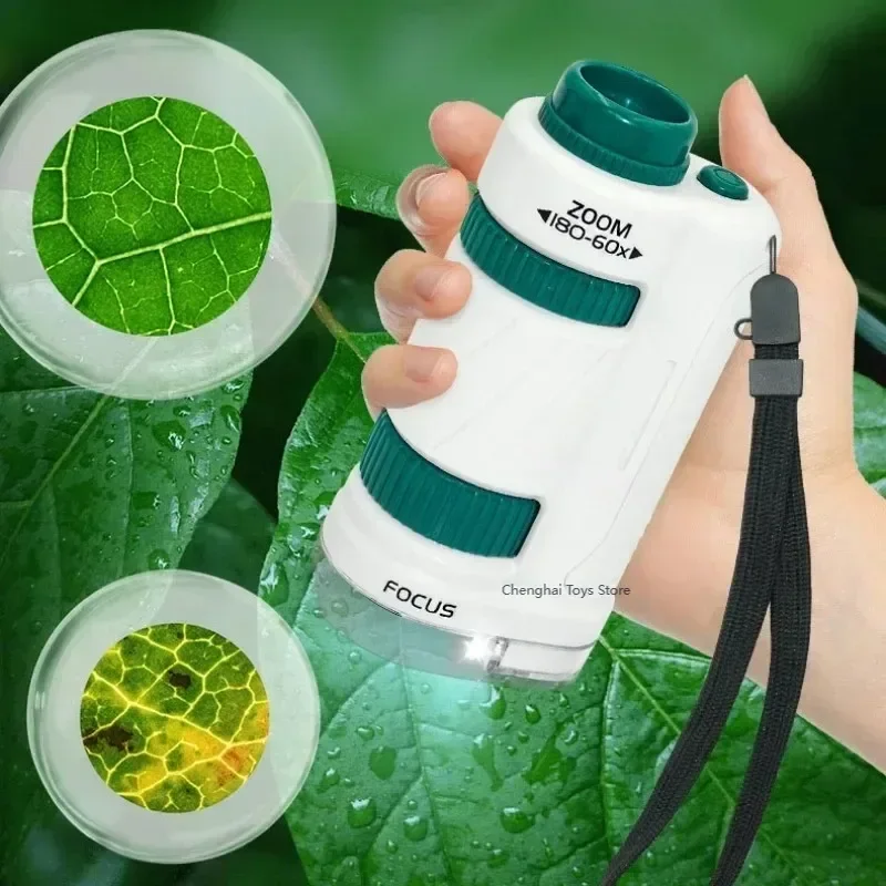 Kit de microscopio de mano para niños, Stem 60-180x juguete de ciencia, microscopio de bolsillo biológico educativo con luz LED, juguete para niños al aire libre