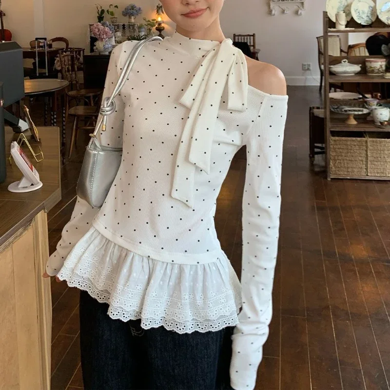 

White Polka Dot Bow Straps with Inner T-shirt for Women's Lace Slim Design and Exquisite Cotton Long-sleeved Top Trendy