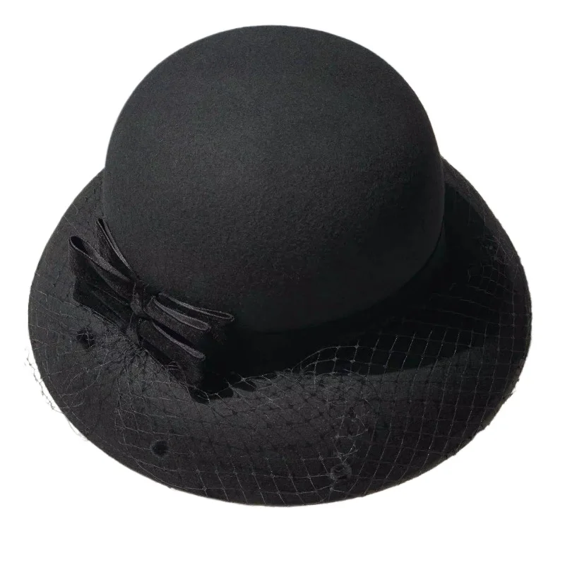 Autumn and winter new woolen top hat black mesh lace fisherman hat wide brim elegant retro round face fit