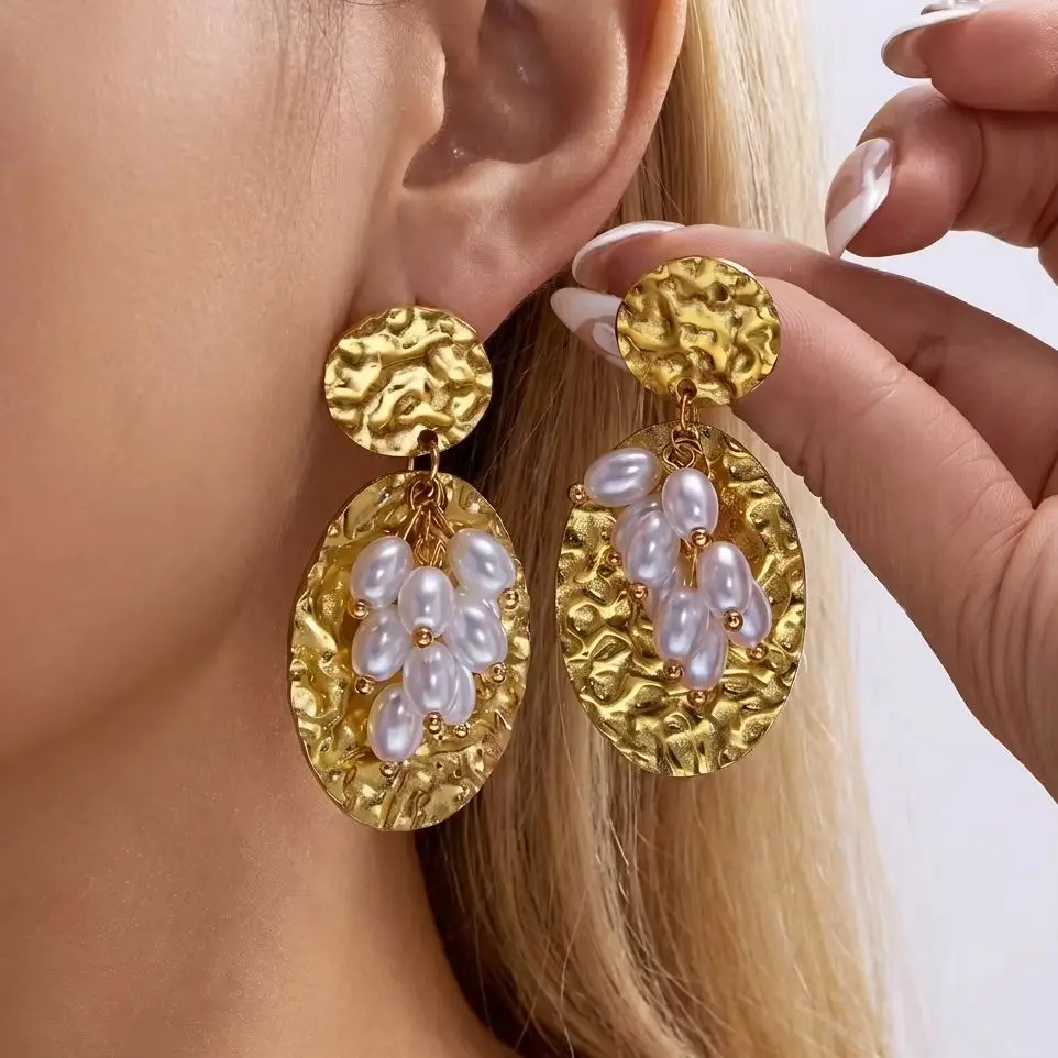Modische Barock-Imitationsperlen-Ohrringe für Damen, Edelstahl, vergoldet, geometrisch, unregelmäßig, Party-Schmuck