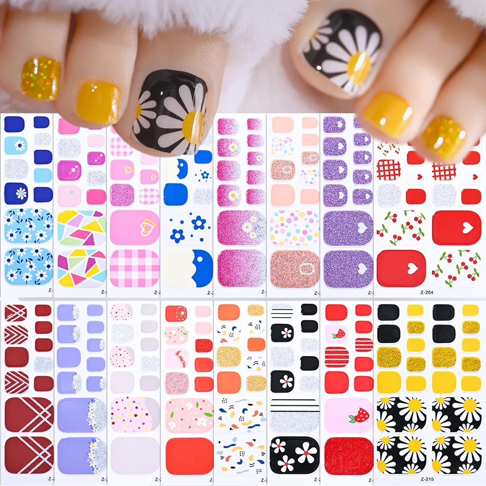 1 Blatt glänzende Glitzer-Gänseblümchen-Blumen-Zehennägel-Aufkleber, bunte Blumen-Kirschblüten, vollständig selbstklebend, für Zehen, Nagelstreifen