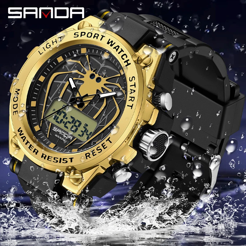 SANDA Military Men Sports Watch Waterproof Stopwatch LED Digital Watches Spider Sport Watches Men relogio masculino Quartz