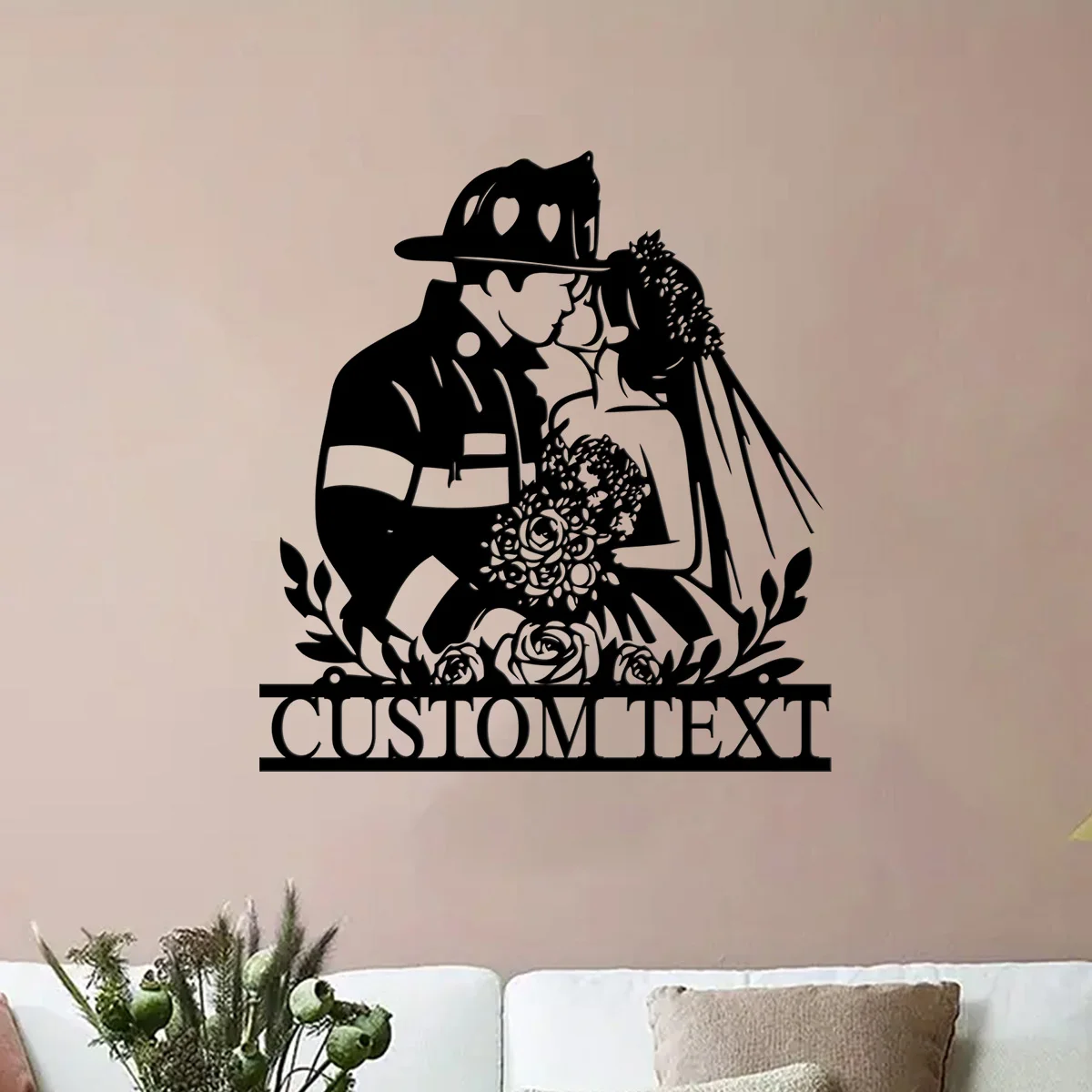 Custom Firefighter Couple Metal Wall Art, Personalized Fireman Bride Groom Name Sign Home Decor, Newlywed Wedding Gift Artwork