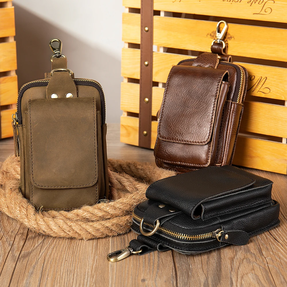 WESTAL Men's Leather Mobile Phone Fanny Pack Men Wear Leather Leather Mobile Phone Bag Site Multi-Function Hanging Bag