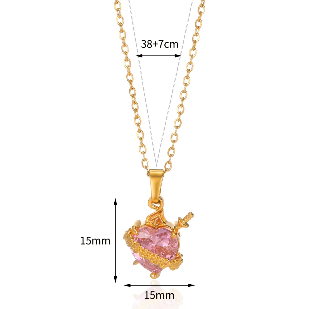 Pink Heart Zircon Necklace  Gold Color Copper Cupid Eros Arrow Heart Pendant Necklace Korean Fashion Jewelry Girls Party Gift