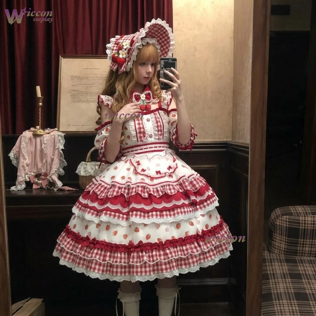 Japanischer Kawaii Sweet Lolita Rock mit rosa Punkten, Halloween-Weihnachts-Cosplay-Kostüm, süßer Kawaii-Maid-Rock
