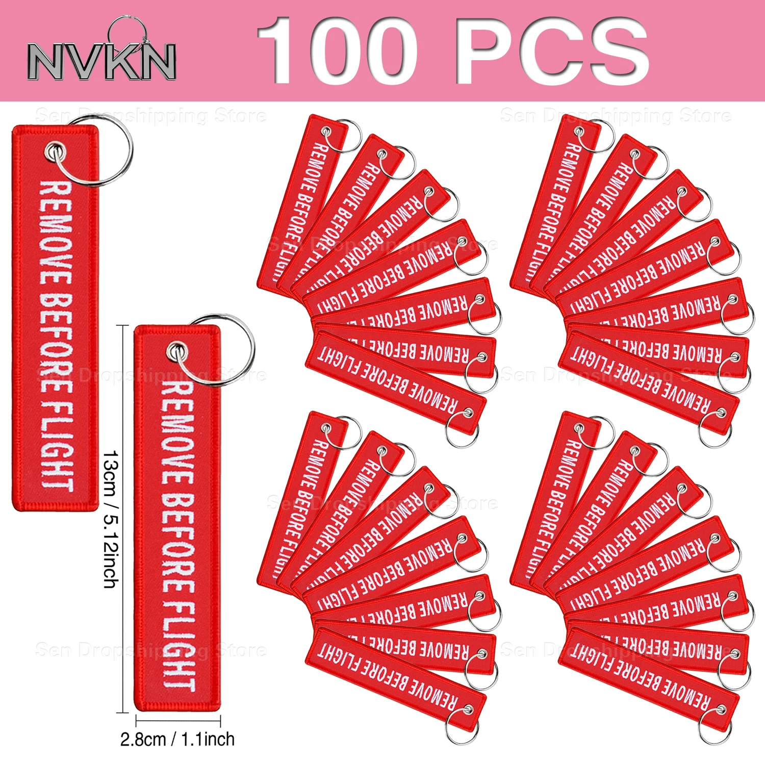 

100Pcs “Remove Before Flight” embroidered red fabric keychain with white text – versatile tag for bikes, cars & bags key ring