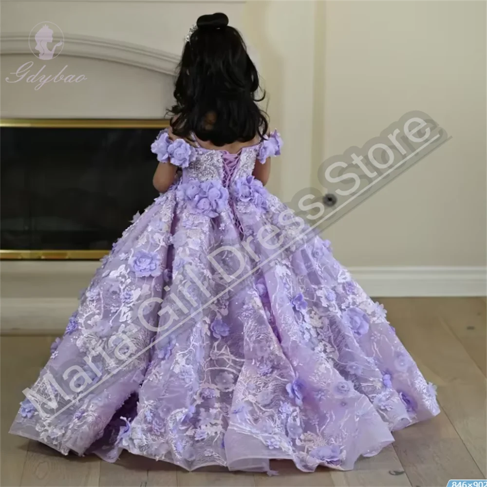 luxury Lavender Party Princess Birthday Gown Beauty Pageant Flower Girl Dress for Wedding Pink Lace Appliqued  Holy