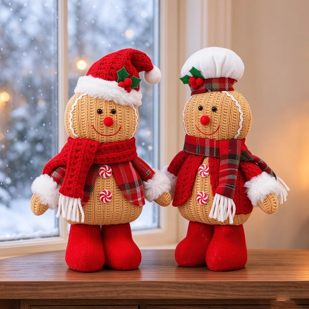 New Gingerbread Man Chef Hat Plush Doll Ornament, Christmas Holiday Party Indoor Tabletop Figurine Decoration Gift