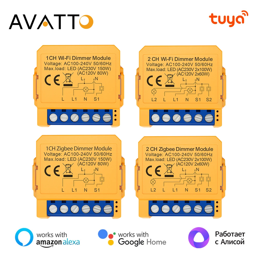 AVATTO Tuya WiFi/ZigBee 1/2 Gang inteligentny moduł ściemniacza, moduł przełącznika światła ściemniacza pilot aplikacji do Alexa Google Home