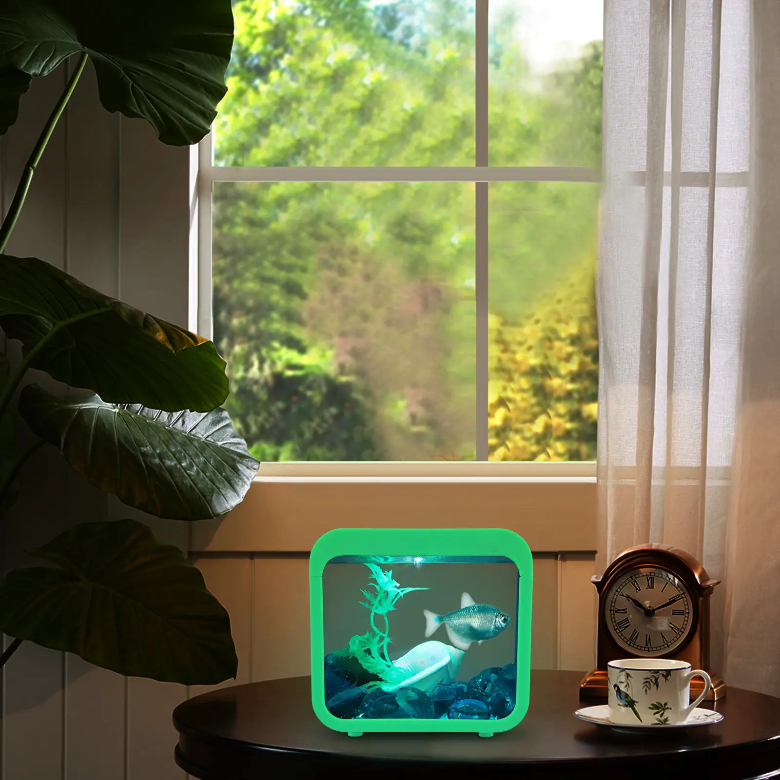 Mini Aquarium with Color-Changing LED Light for Betta Fish, Clear Tank with Plants and Decor Stones