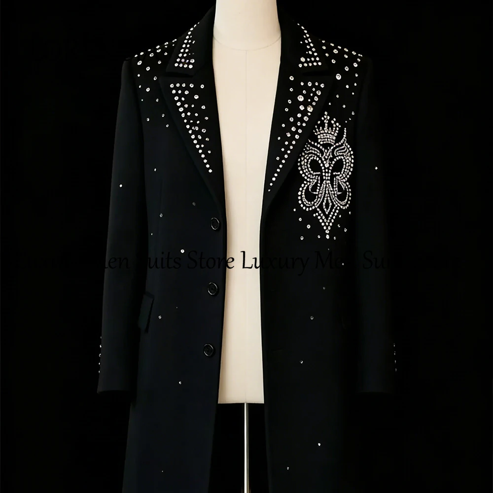 

Elegant Crystal Male Suits 2 Pieces Long Jecket Evening Party Outfits Groom Tuxedos Set Customized Blazer Pants fatos de homem