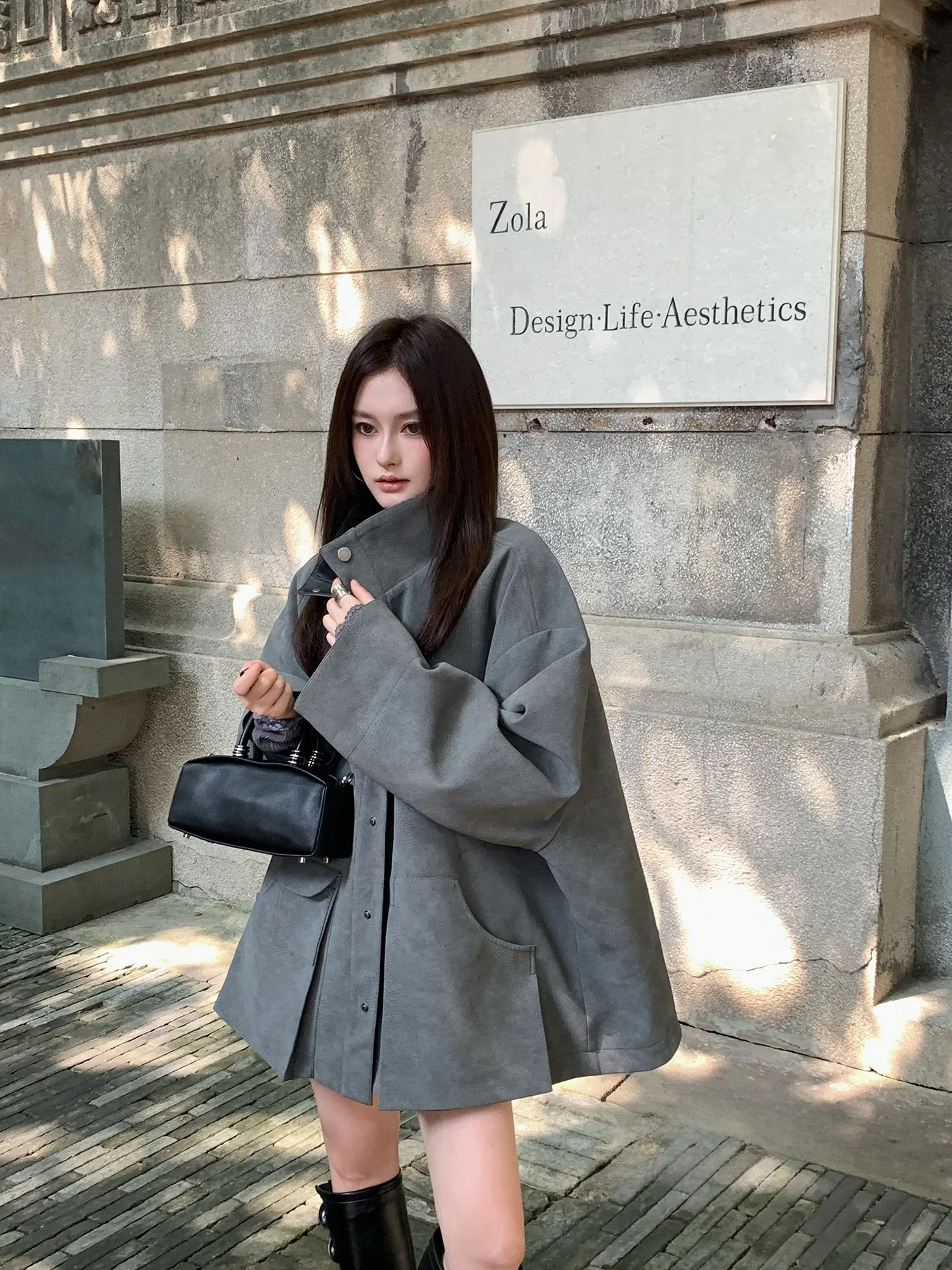 Kas dupla face camurça couro jaet casual comprimento médio gola retro sle feminino faion outerwear casaco