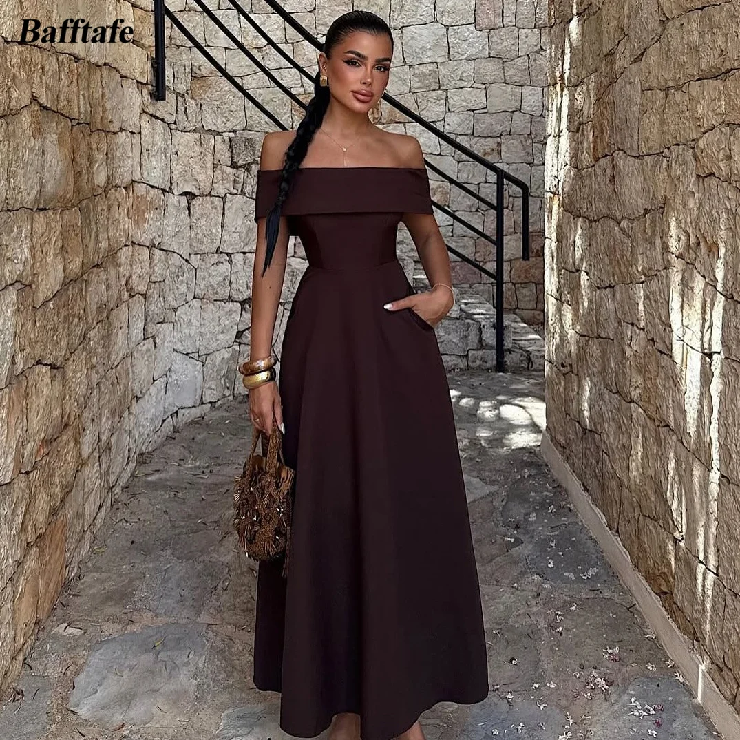 

Bafftafe Simple A Line Matte Satin Customized Women's Party Dresses With Pockets Evening Dress Off Shoulder Formal Party Gowns