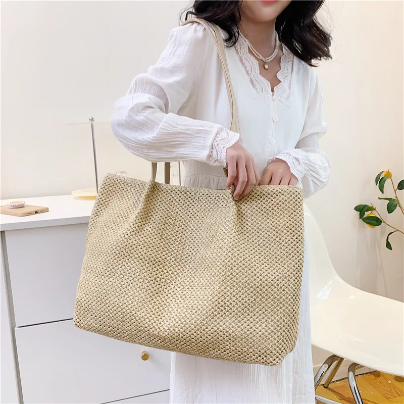 Large Capacity Handmade Weaving Bag Outdoor Beach Straw Ladies Shoulder Bag Summer Women's Shopper Handbag