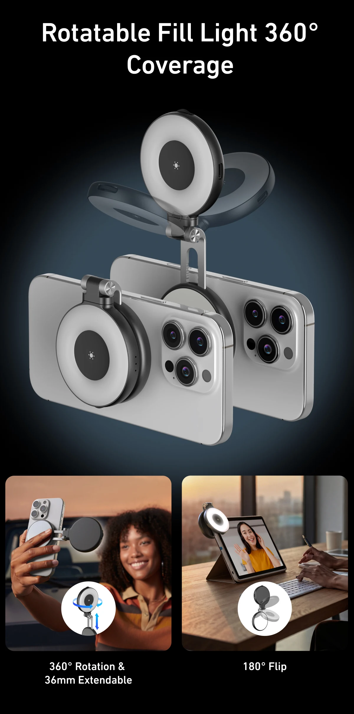 TELESIN Smartphone Magnetic Fill Light Mini Selfie Light 3 Modes Adjustable Brightness for Iphone XIAOMI HUAWEI SAMSUNG Phone