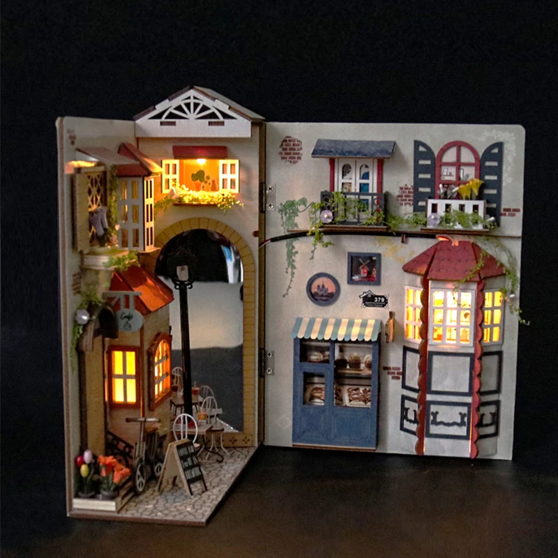Kit di inserti per scaffali per angoli per libri fai-da-te Parigi Fermalibri Kit modello in miniatura in legno con luci Scaffale per amici Regali di compleanno