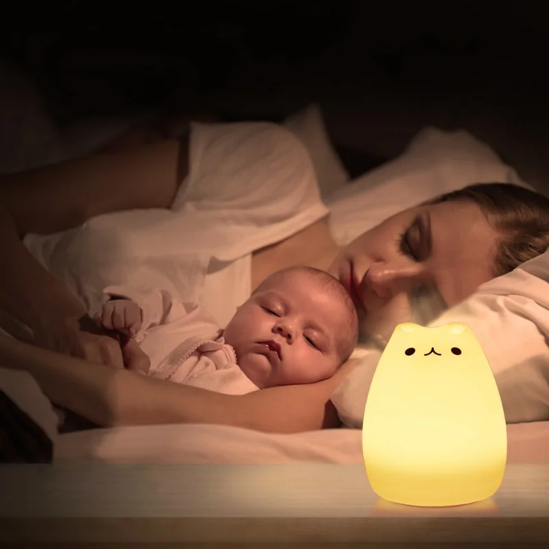 子供用ナイトライト、EECO キュートな猫型ランプ ソフトシリコン製 タッチコントロール式 減圧おもちゃ