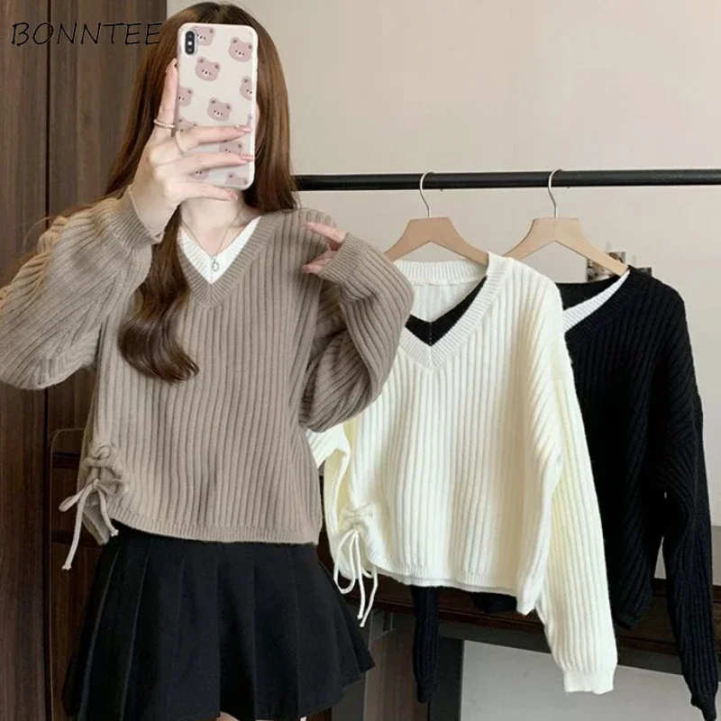 Fake 2 Pcs Pullovers Women Knitted Bandage Casual V-neck Lazy Streetwear Loose Panelled Design Aesthetic Fashion Preppy Style