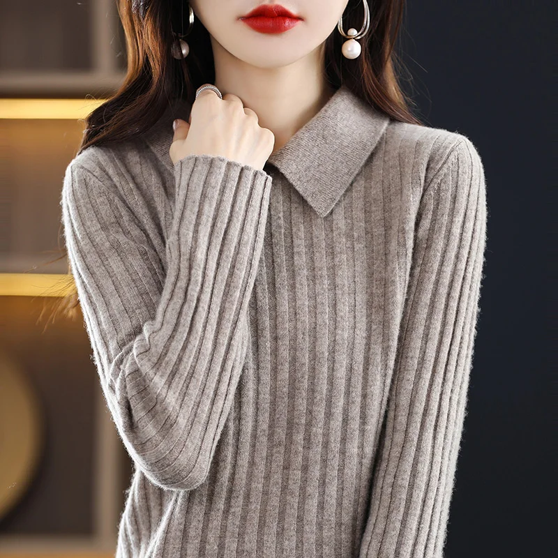 Autumn Winter New Woman 100% Wool Sweater Soft Polo Collar Vertical Stripe Pullover Casual Knitted Tops Cashmere Female Sweater