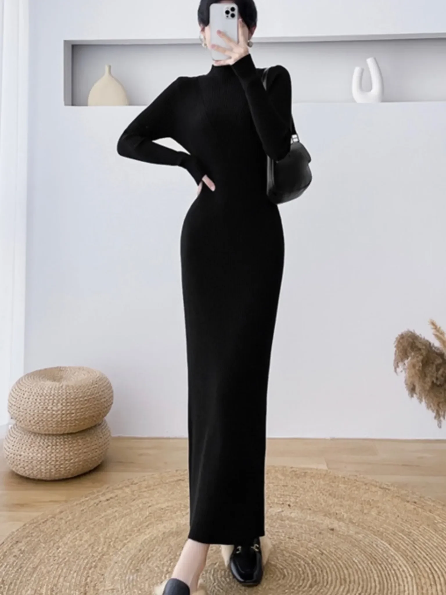 Elegant Slim Ribbed Knitted Dress Women Casual Long Sleeve Elastic Sweater Vestidos Autumn Winter Fashion Clothes Female Jumper