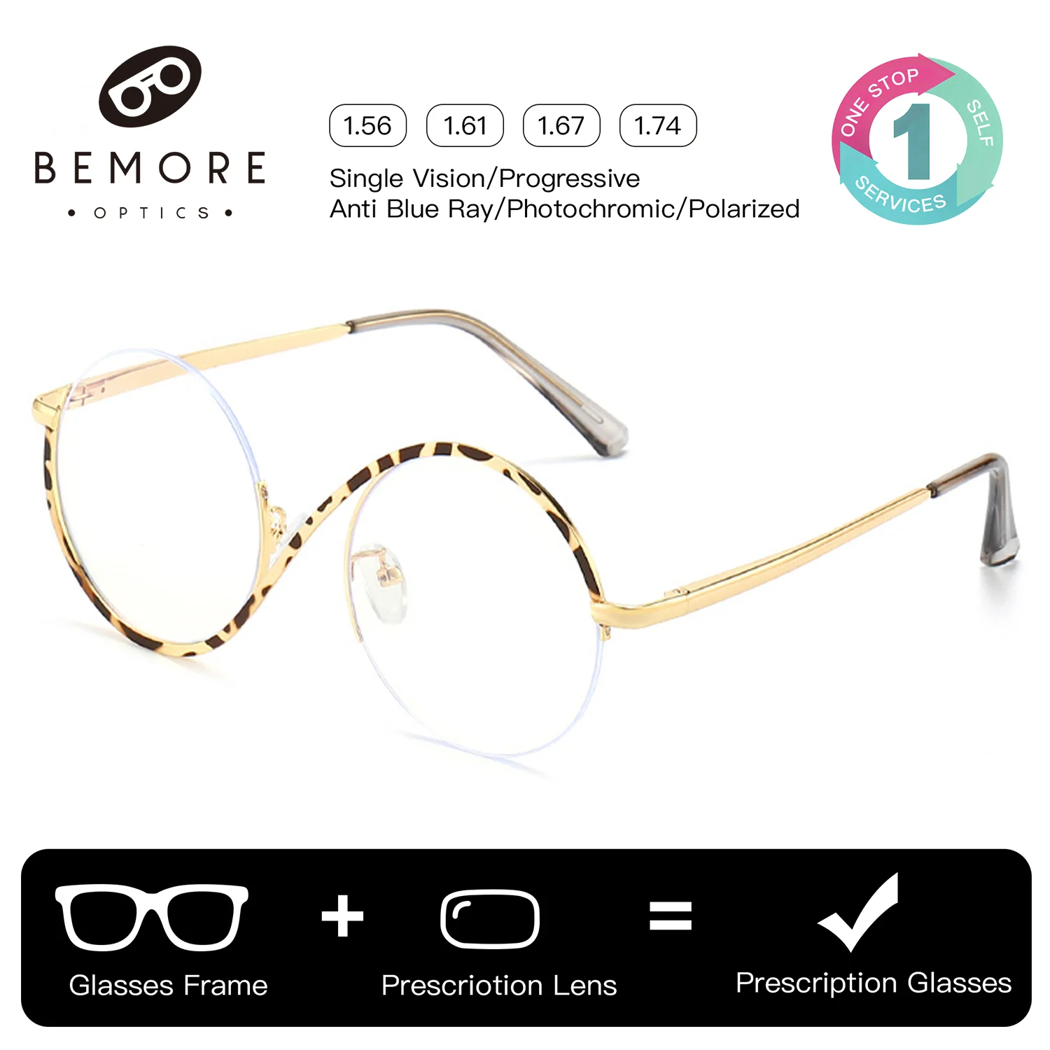 BEMORE Personalized Prescription Glasses Women Round Metal Photochromic Anti-Blue Light Correction Optical Glasses