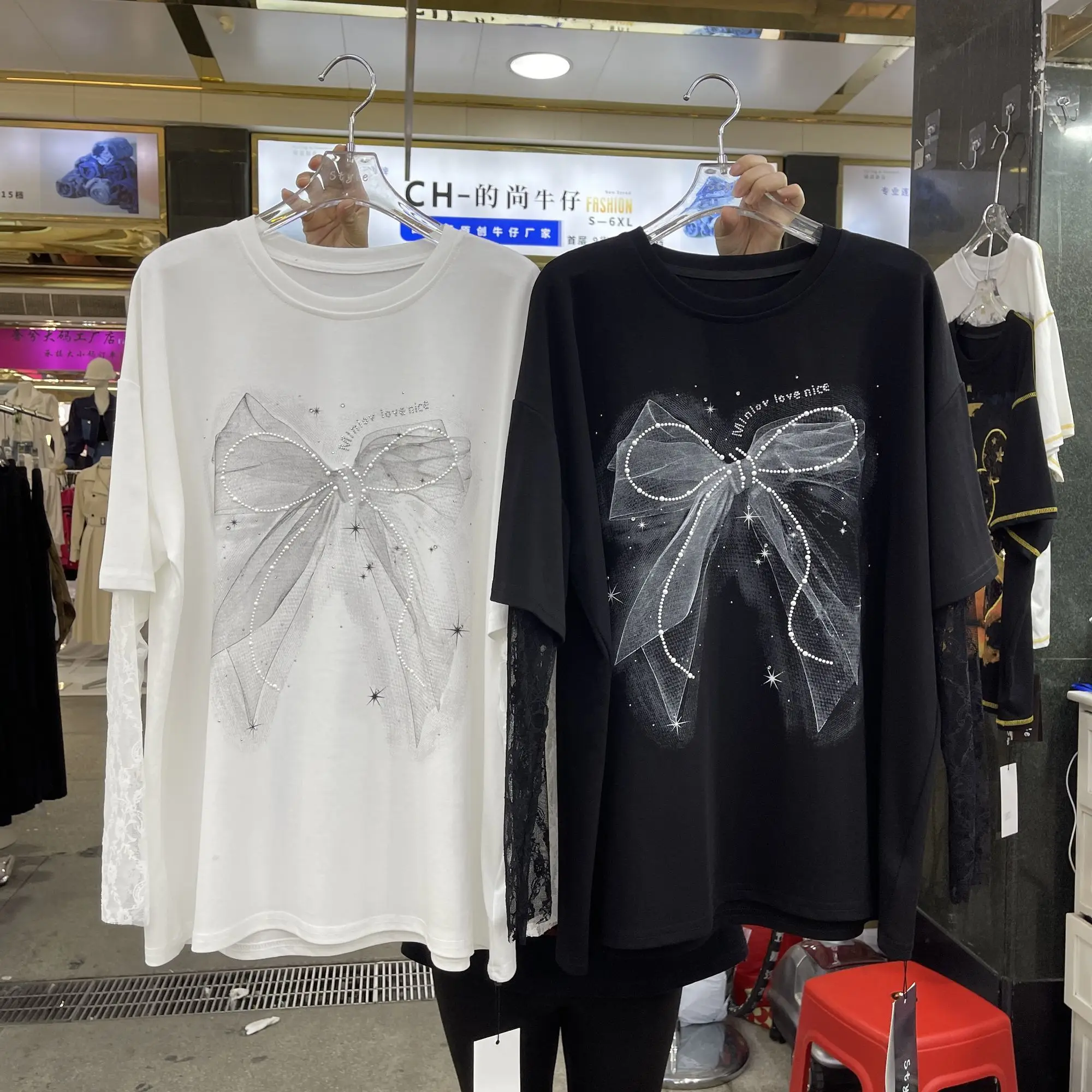 

Spring Summer New Sun Protection Fake Two-piece Long Mid-length Top Mesh Lace Long Sleeve Patchwork Rhinestone Bow T-Shirt Women