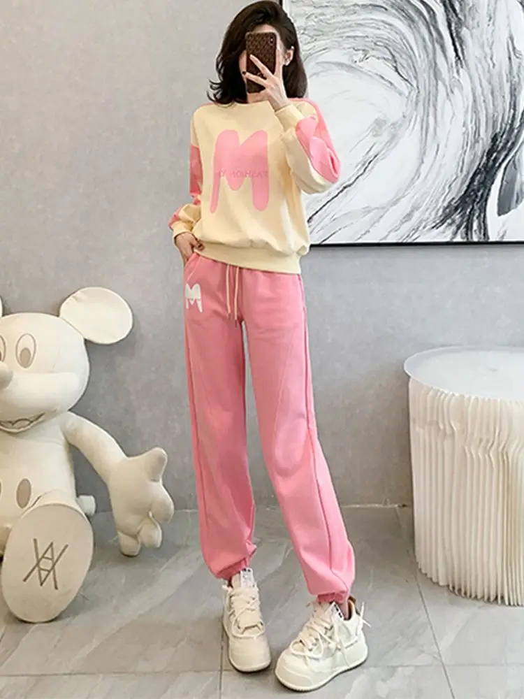 Spring Autumn Ladies Trouser Pink Sweatshirt Women's Pants Two Piece Set Printing Sport Draw String Tracksuit Casual Elegant Xxl